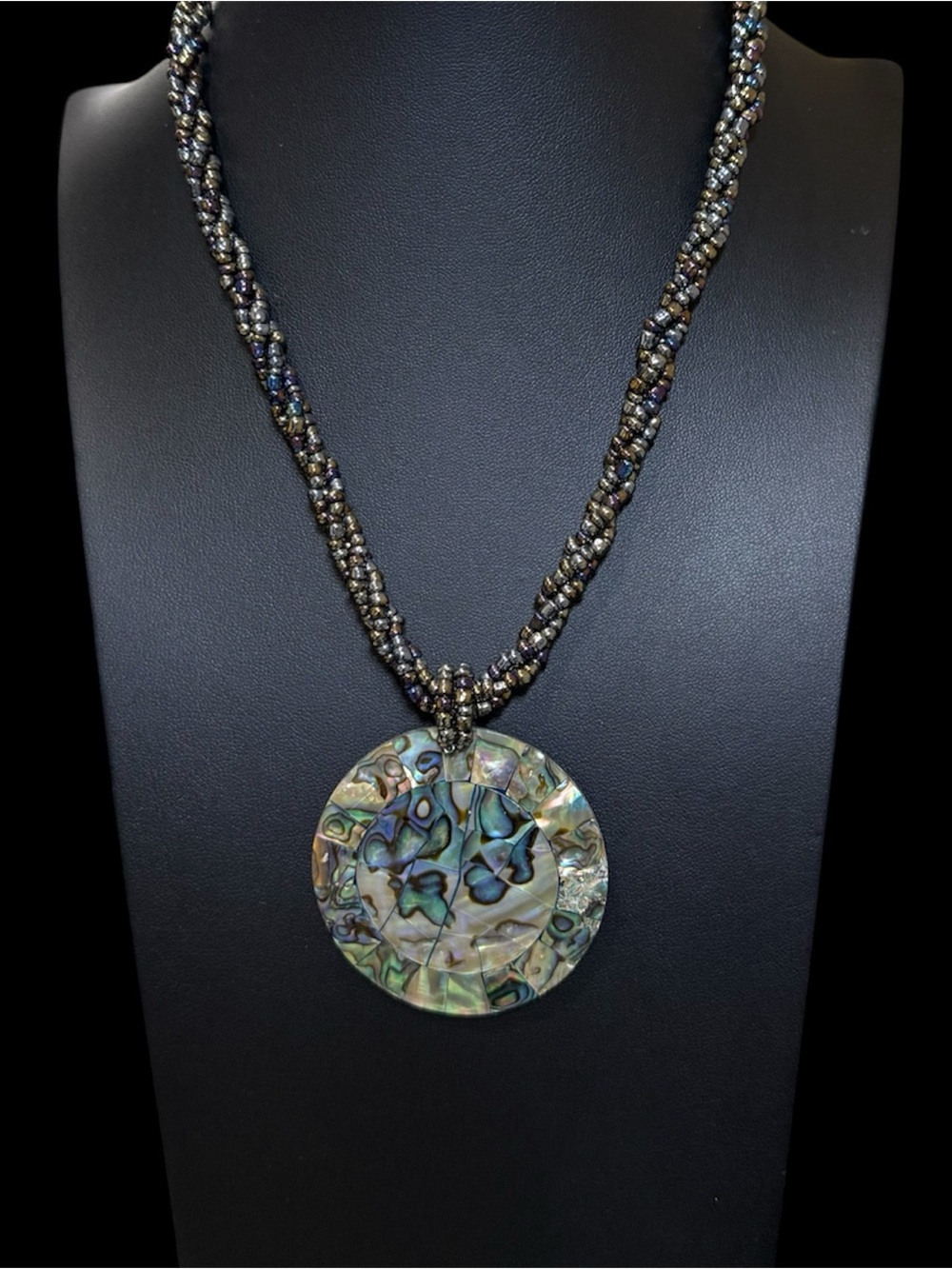 Paua Iridescent Abalone Shell Mosaic Pendant Twisted Seed Beads Necklace